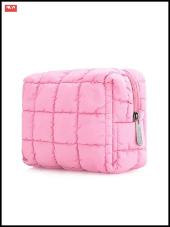 Quilted Makeup Bag for Women, Cotton Cosmetic Pouch Travel Organizer