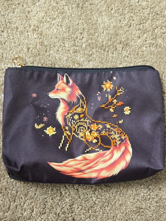 Hand Beaded Fox Print Black Cosmetic Pouch - Floral Accent
