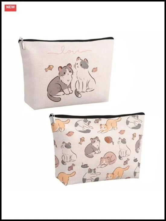 Canvas Makeup Bags for Women, Cat Cosmetic Pouch, Large Capacity Travel