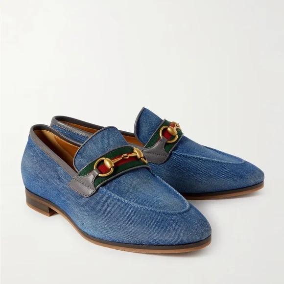 Gucci Blue Denim Horsebit Loafers with Green and Red Web