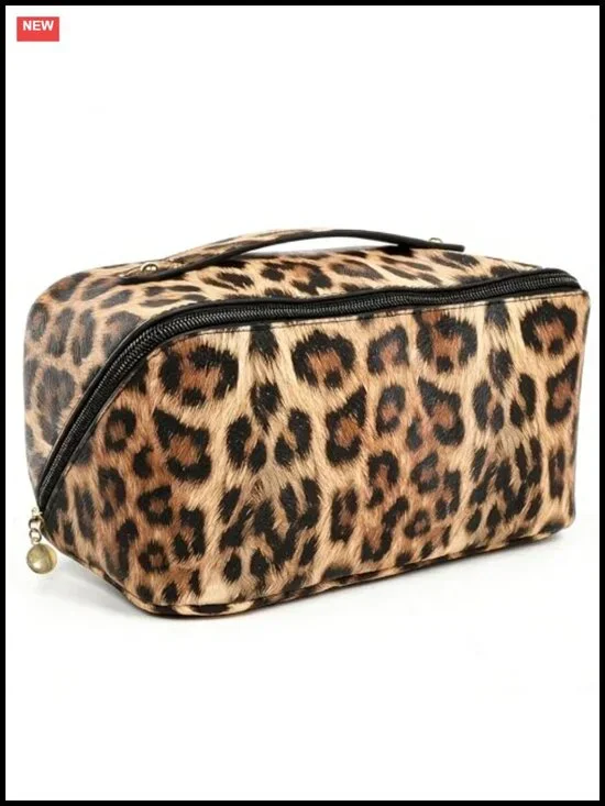 Large Canvas Makeup Bag Organizer with Zipper Closure, Leopard Print,