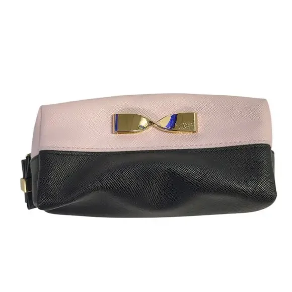 Victoria's Secret Cosmetic Pink/Black Gold Logo Metal Bow Zip Travel Bag