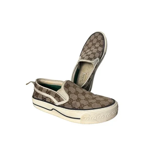 Gucci Tennis 1977 GG Supreme Canvas Slip On Sneakers Beige Brown EU 37