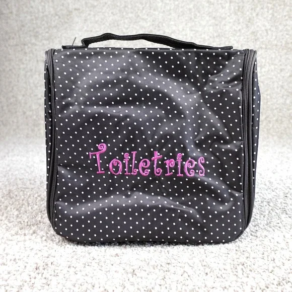 Thirty-One Hanging Toiletry Bag Black Polka Dot Pink Embroidery Travel Organizer