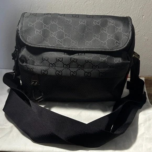 Gucci Black GG Monogram Messenger Bag with Adjustable Strap