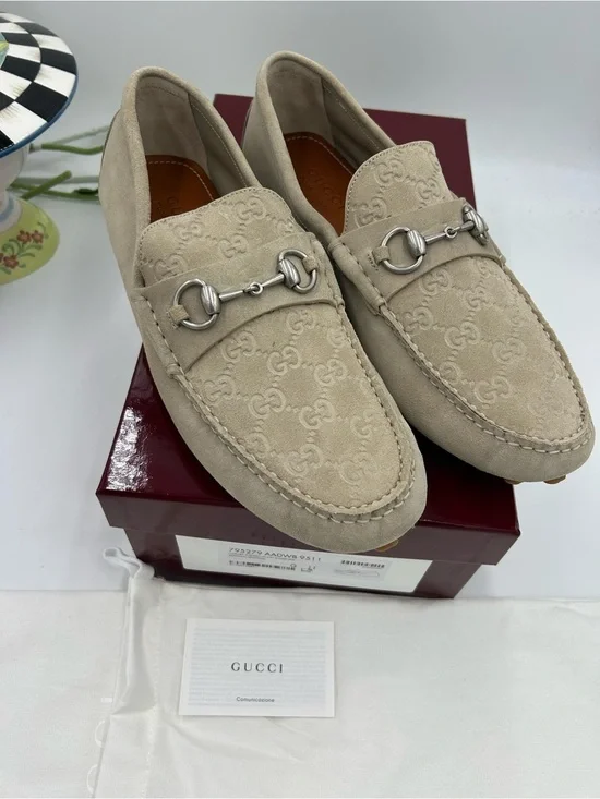 Men's Gucci GG embossed oatmeal suede driver loafers size 11 fits 12 US