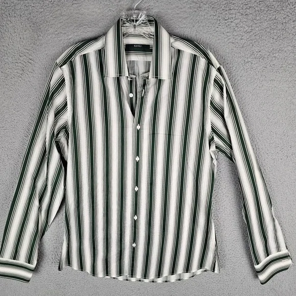 Gucci Button Down Men 16 Green White Striped Long Sleeve Cotton Dress Shirt 41