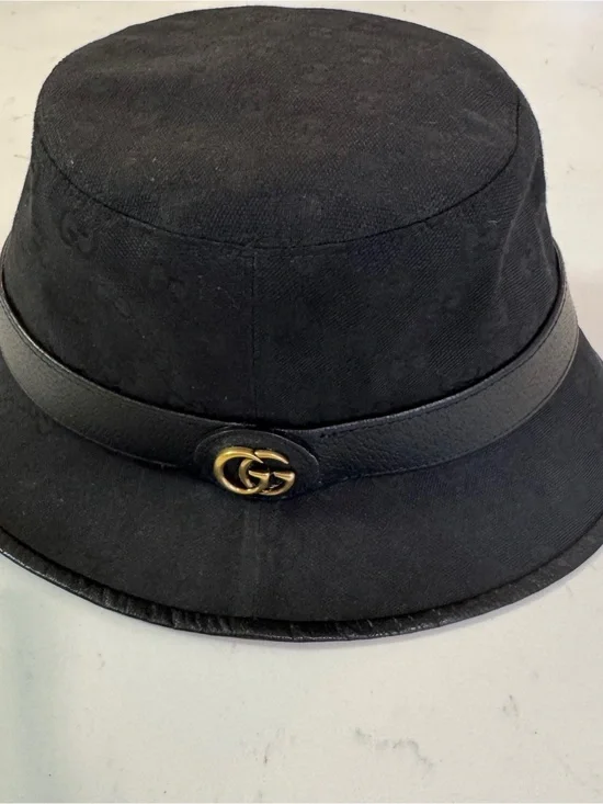 Gucci Black GG Monogram Bucket Hat with Gold Double-G