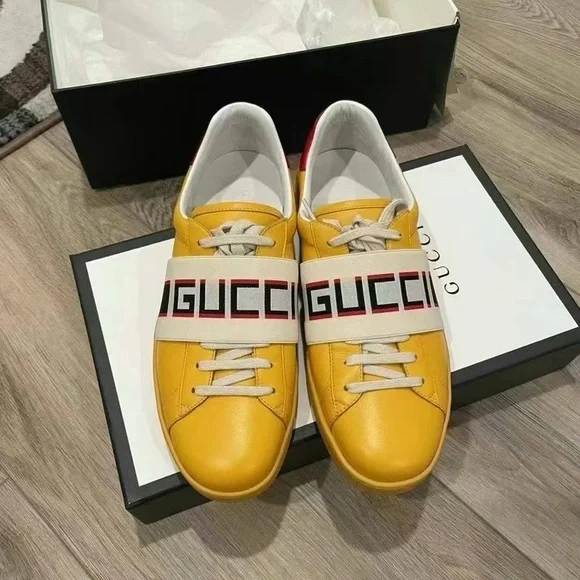 Authentic Gucci Mens Ace Jacquard Lace Up Casual Sneaker Yellow Size 8.5 NIB