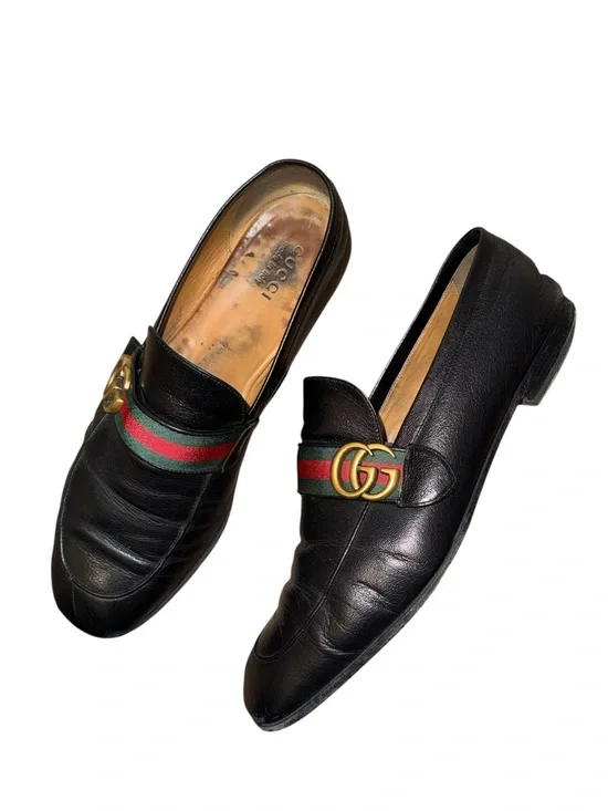 Gucci Men's Donnie Black Leather Web Loafers Double G Hardware EU 12 US 13 Used