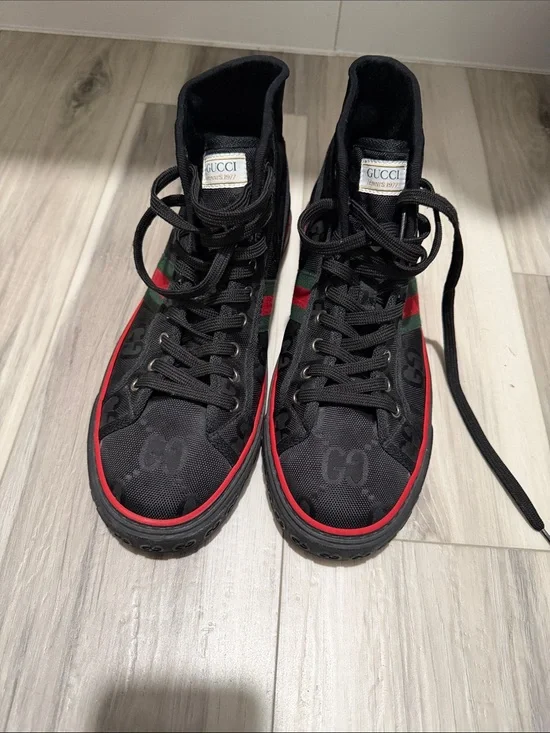 Gucci Black High-Top Sneakers with Red Trim and Green Stripe