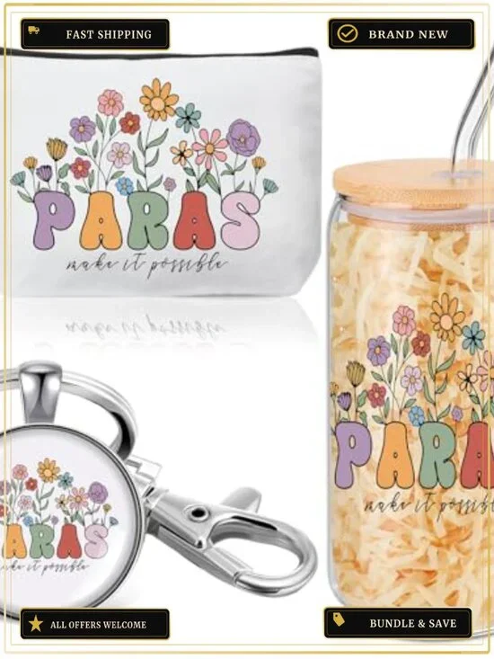 Paraprofessional Gift Set Canvas Makeup Bag Glass Cup Keychain