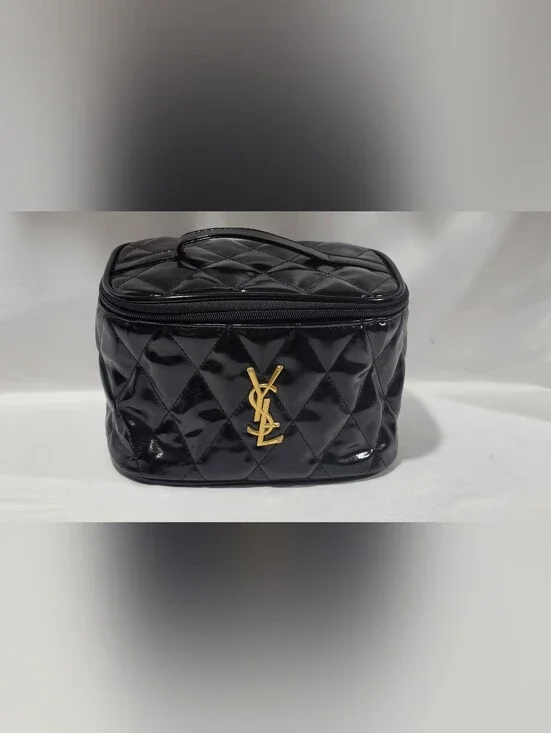 YSL Yves Saint Laurent Quilted Faux Leather Makeup Vanity Case -  Gold Logo