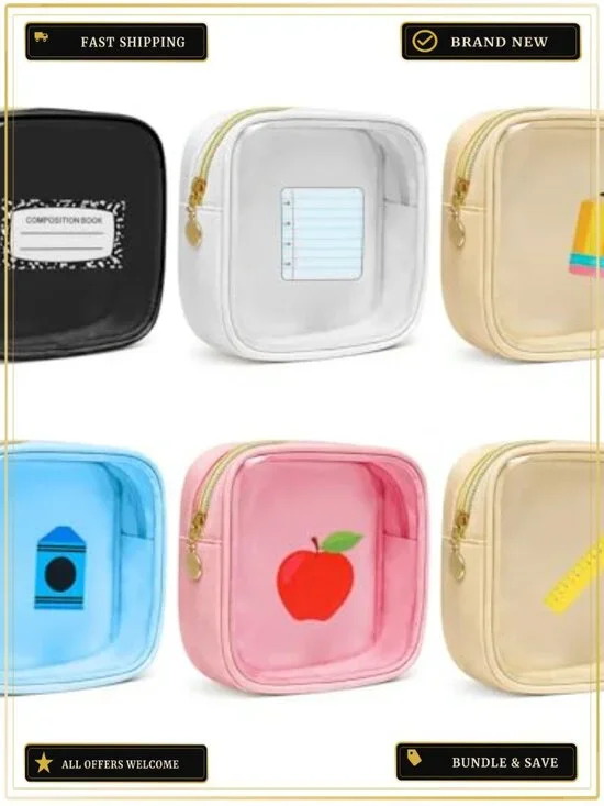 Set of 6 PVC Nylon Mini Makeup Bags with Gold Zippers, Portable Travel Cosmetic
