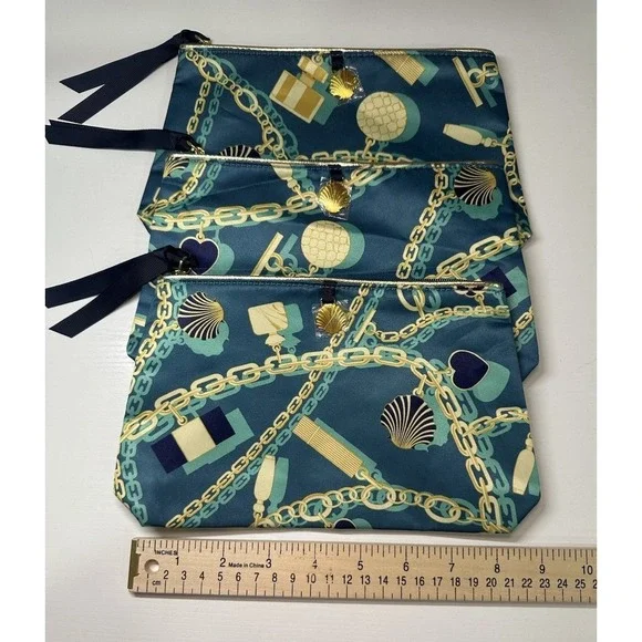 Estee Lauder Cosmetic Bags 3pc Teal Satin Nautical Chain Shell Print Gold Charm