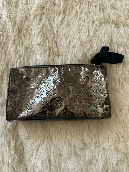 MICHAEL KORS Metallic Silver MK Logo Cosmetic Makeup Case Travel Bag