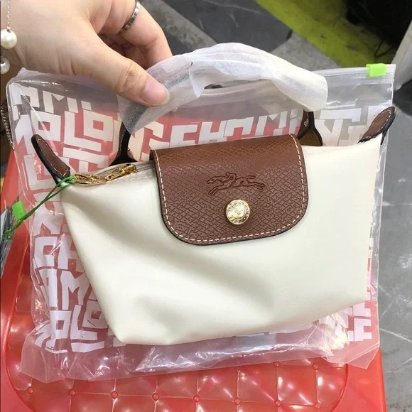 Longchamp Cream and Brown Small Top-Handle Cosmetic Pouch
