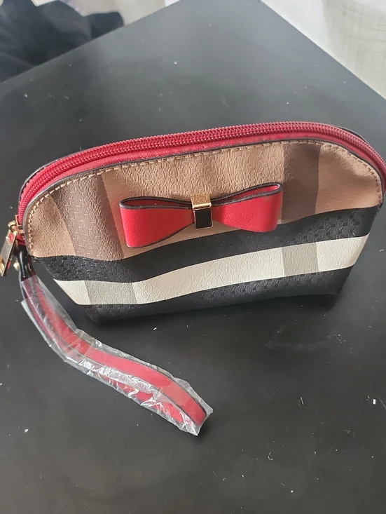 Source Unknown Striped Cosmetic Wristlet in Red, Beige, Black, White