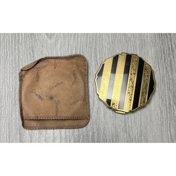 Vintage Stratton Compact Gold Black Stripe Enamel Powder Mirror England w/Bag‎