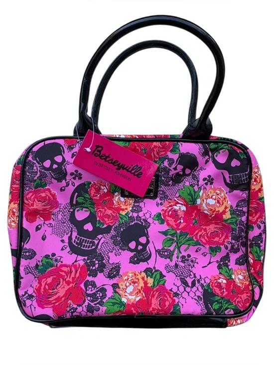 Betseyville by Betsey Johnson Pink Floral & Skull Makeup Cosmetic Bag