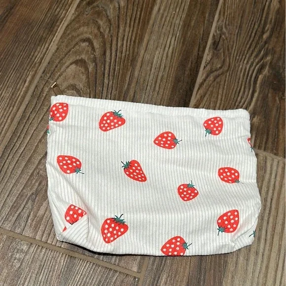 Makeup Bag Women White Strawberry‎ Corduroy Pouch NEW