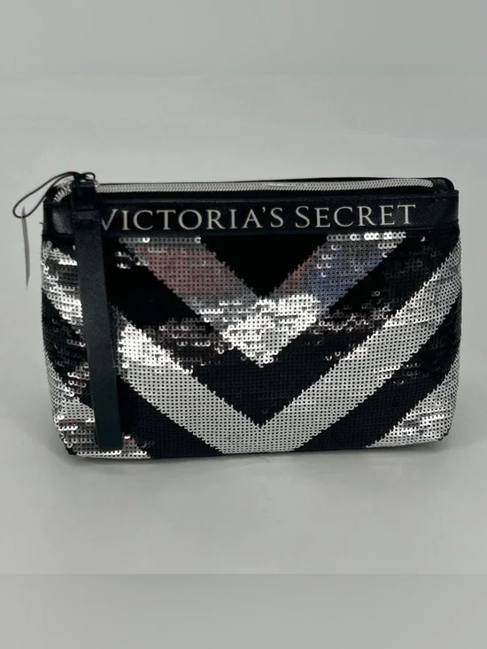 Victoria's Secret Black & Silver Chevron Sequin Makeup Pouch, like new!