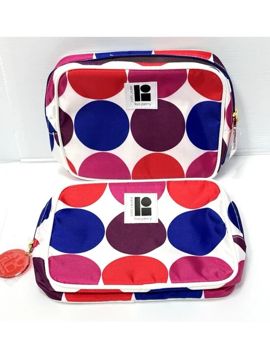 Lisa Perry for Estee Lauder Cosmetic Bag Set 2pc Red Blue Purple Polka Dot Bags