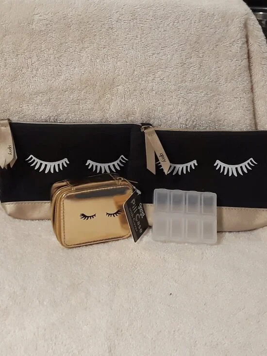 Glam Cosmetic Travel Set 4Pc Ipsy Black/Gold Makeup Pouches + NWT Pill Orgz+Case