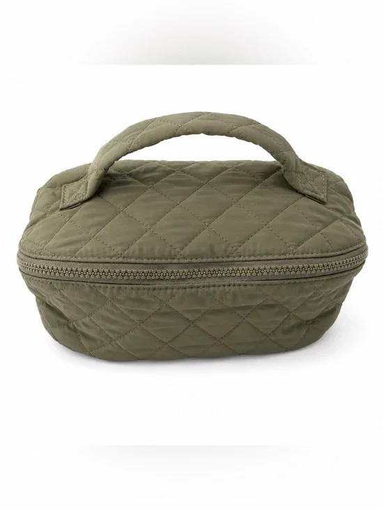 Quilted Olive Green Top-Handle Cosmetic Bag