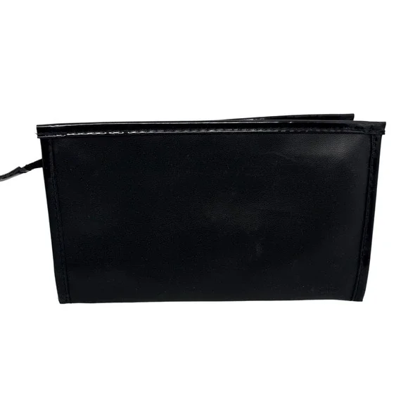 Lancome Black Faux Patent Leather Makeup Bag‎ Gold Logo Zipper Pull Cosmetic Bag