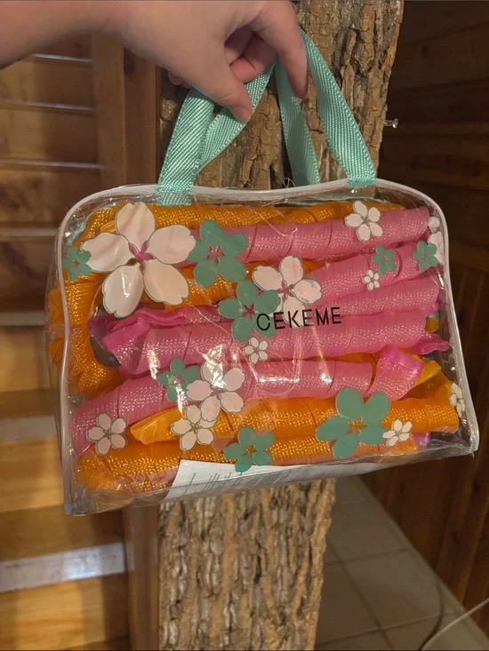 Clear Floral Tote Bag - Pink & Orange curlers