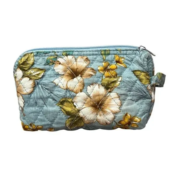 Blue Hibiscus Cotton Quilted Cosmetic‎ Bag Floral 6.5
