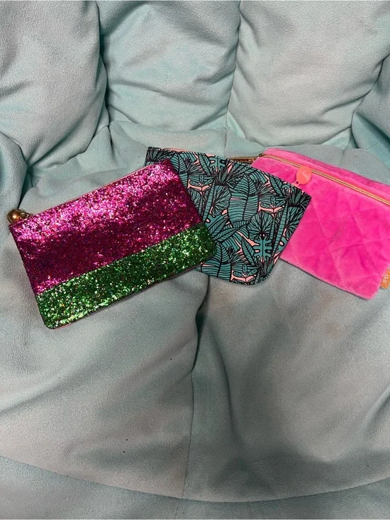 ipsy Pink Glitter, Green Glitter & Teal Patterned Cosmetic Pouch Trio