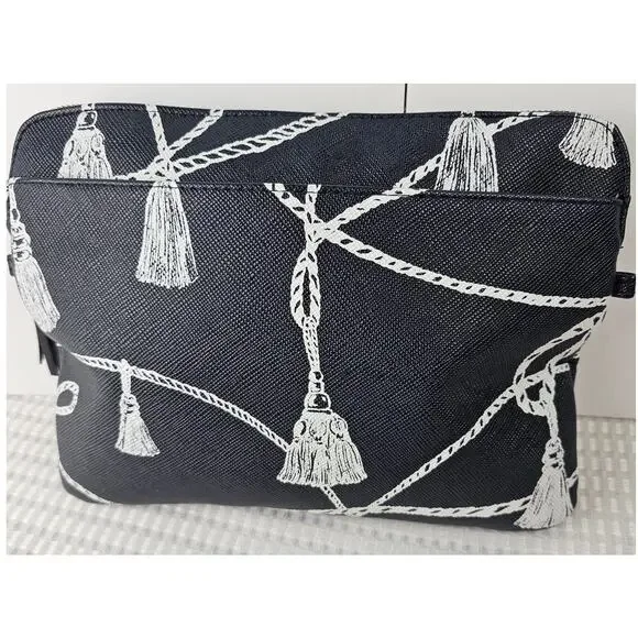 Chicos Navy Blue White Tassel Rope Print Cosmetic Bag Pouch Polka Dot Lining