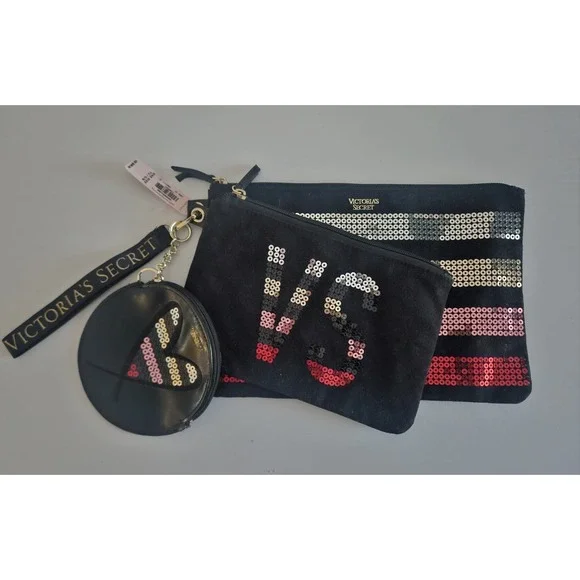 NWT Victoria's Secret 3-Piece Makeup Bag Set Black Pink Sequin Y2K Heart‎ Pouch