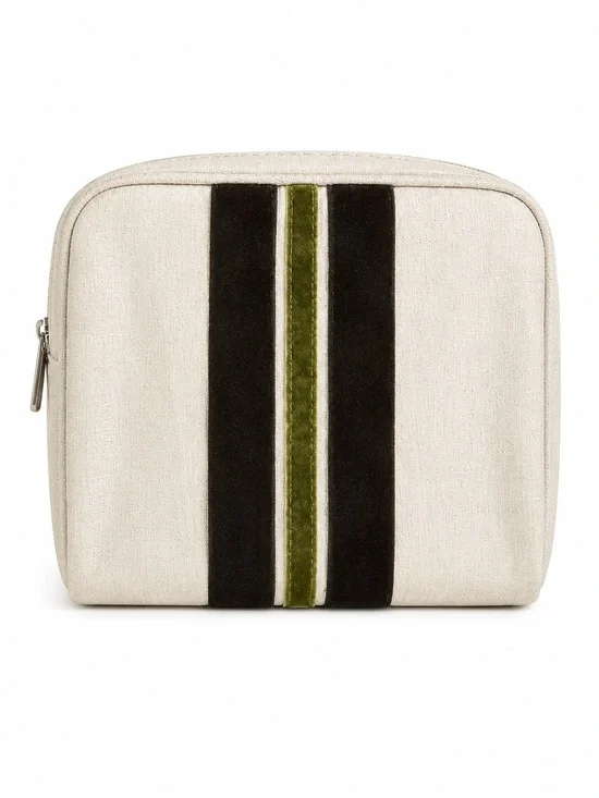 Cream Cosmetic Bag Velvet Stripe Makeup Pouch Travel Toiletry Case