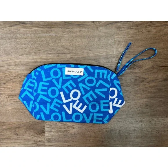 Lovevolve Blue LOVE Typographic Canvas Cosmetic Travel Bag‎ Wristlet Pouch Large