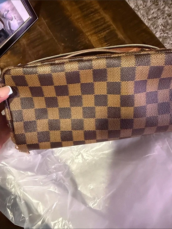 Brown Checkered Women's Zip-Top Clutch