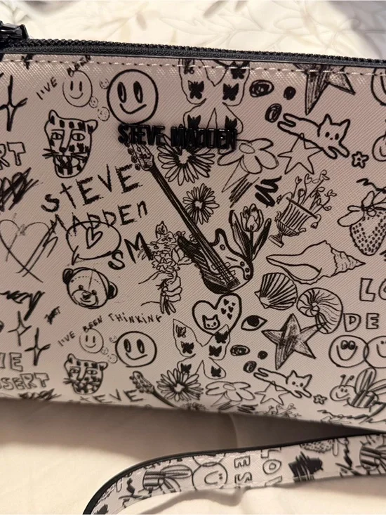 Steve Madden White Doodle Print Zip Pouch