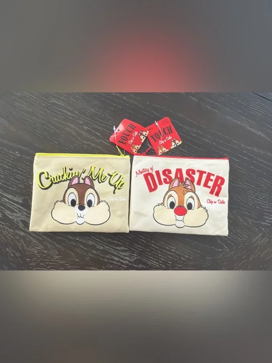 Disney Chip 'n' Dale Canvas Cosmetic Pouches - Beige with Yellow & Red Zippers