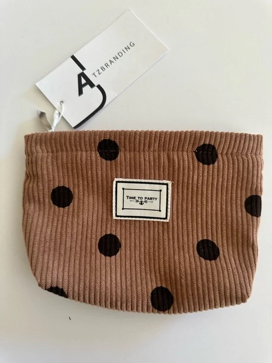 NWT Polka Dot Corduroy Pouch Cosmetic Bag Neutral Brown Trendy