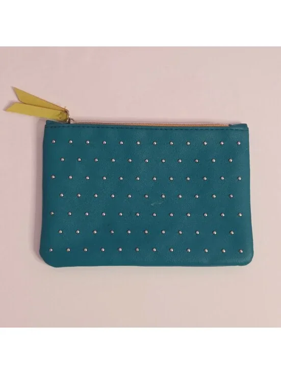 Elegant Silver Studded Teal Faux Leather Makeup Bag with Yellow Lining