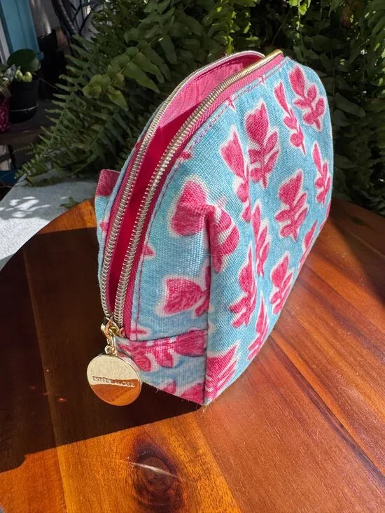 Estee Lauder Pink Blue Leaf Floral Print Cosmetic Makeup Bag Pouch