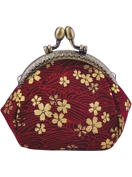 Floral Canvas Coin Purse Vintage Clutch Wallet with Clasp Closure for Women