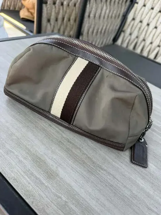 Coach Olive Nylon and Brown Leather Trim Toiletry Travel Pouch