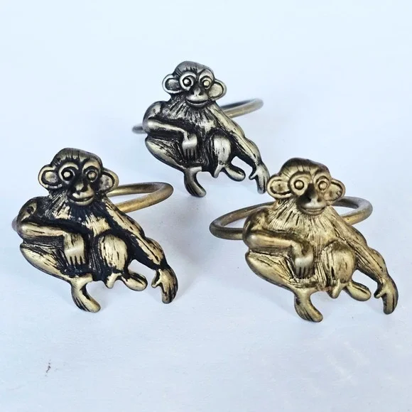 Vintage Monkey Napkin Rings Brass Tone Metal Animal Jungle Decor Set of 3