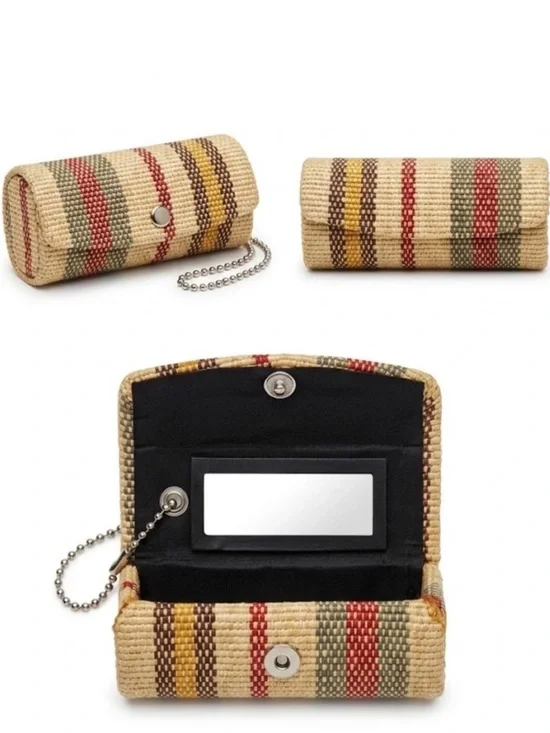 Woven Multi-Stripe Lipstick Case Holder with Mirror & Ball Chain Accessory