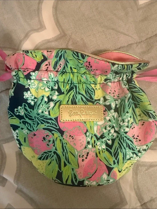 Lilly Pulitzer Pink & Green Floral Drawstring Cosmetic Pouch with Gold Plaque