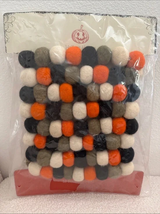 Halloween Felt Ball Garland in Orange, Black, Cream, grey 12 FT