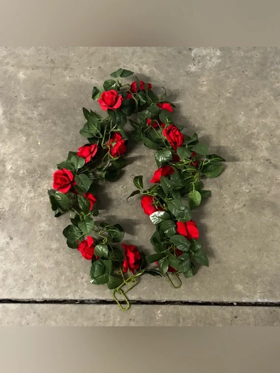 Red Rose Garland with Lush Green Leaves - Decorative Holiday Vine